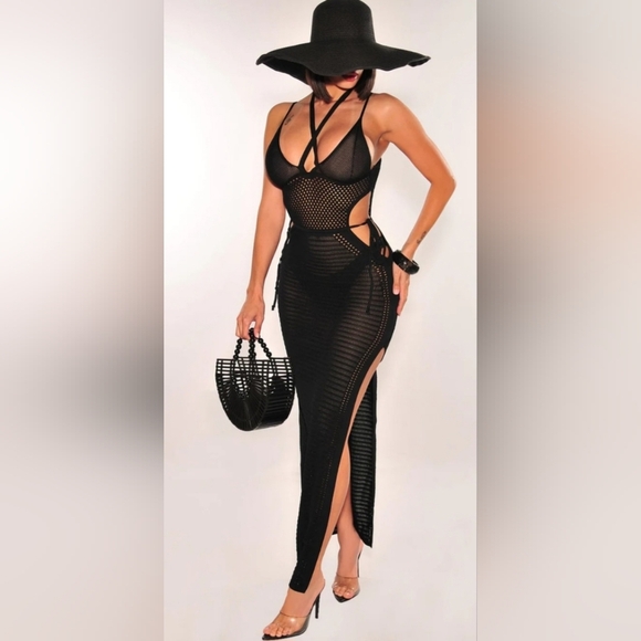 Black Crochet Halter Spaghetti Straps Cut Out Slit Swim Cover Up. Size M NWT - Picture 4 of 4